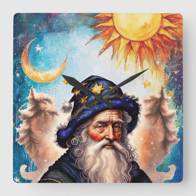 Celestial Wizard Sun and Moon Square Wall Clock (Front)