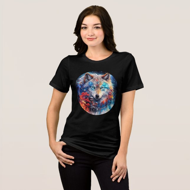 Celestial Wolf with Temple and Galaxy Sky Tri-Blend Shirt (Front Full)