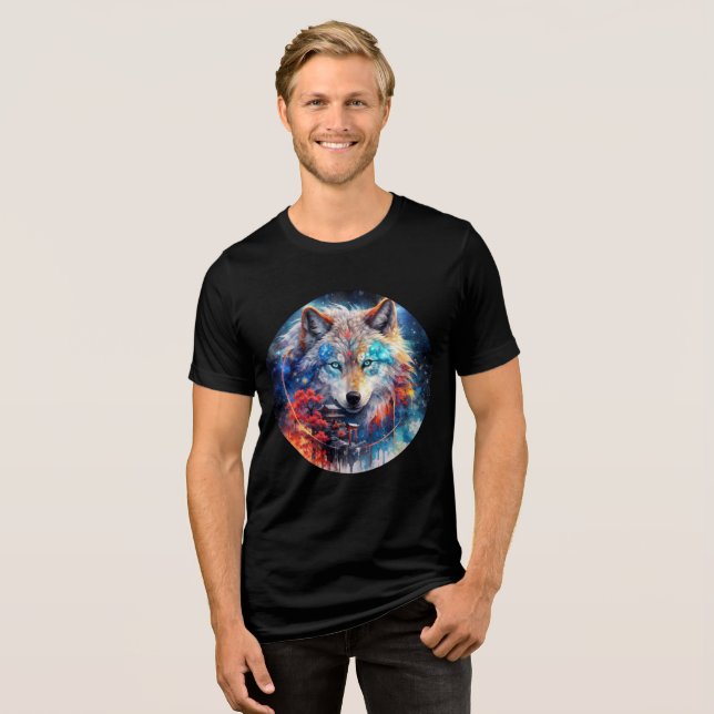 Celestial Wolf with Temple and Galaxy Sky Tri-Blend Shirt (Front Full)