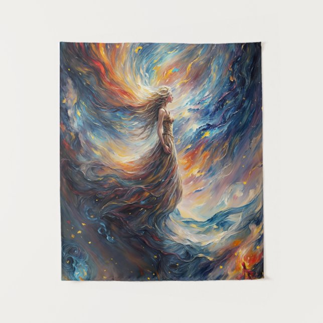 Celestial Woman in Fiery Cosmos Art Tapestry (Front)