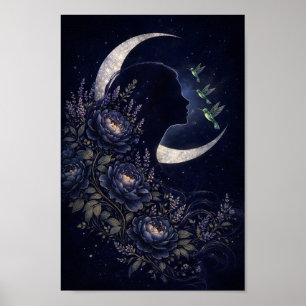 Celestial Woman Silhouette with Flowers and Hummin Poster