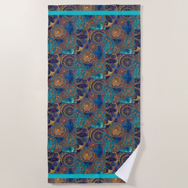 Celestial Xtr Large Bath Towel Blue Aqua Gold (Front)