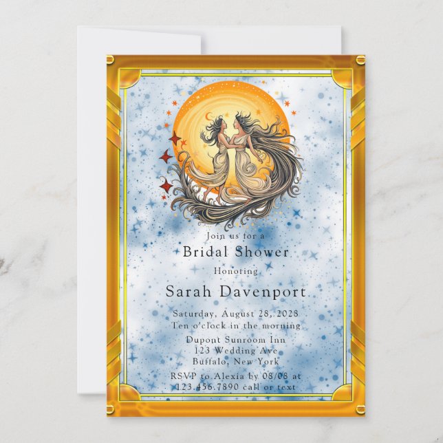 Celestial Yellow Blue Sun Moon Bridal Shower Invitation (Front)