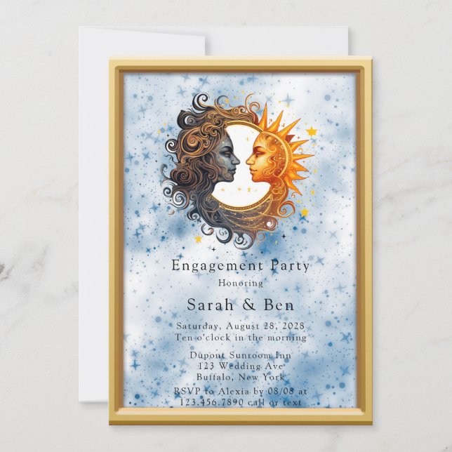 Celestial Yellow Blue Sun Moon Engagement Party Invitation (Front)
