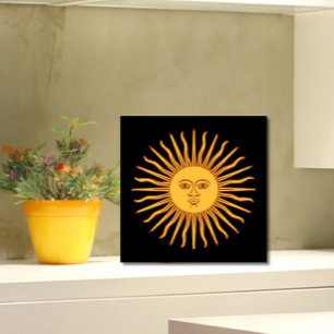 Celestial Yellow Sunshine Face on Black Stylish Ceramic Tile