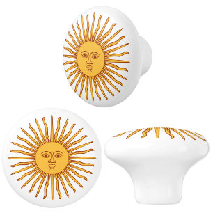 Celestial Yellow Sunshine Face on White Elegant Ceramic Knob