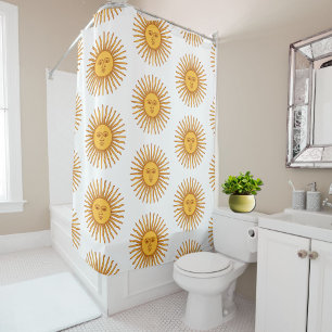 Celestial Yellow Sunshine Face on White Elegant Shower Curtain