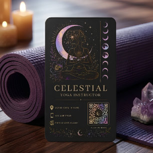 Celestial Yoga Instructor Luxury Black Gold QR  Business Card