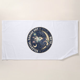 Celestial Zodiac Cat Cute Cat T-Shirt Design - Cel Beach Towel