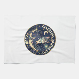 Celestial Zodiac Cat Cute Cat T-Shirt Design - Cel Tea Towel