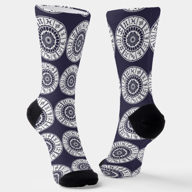 Celestial Zodiac Signs Wheel Mandala Graphic Art Socks (Angled)