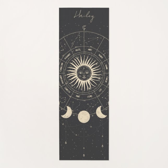 Celestial Zodiac Sun Stars Moon Phase Custom Name Yoga Mat (Front)