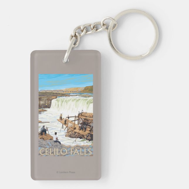 Celilo Falls Fishing Vintage Travel Poster Key Ring (Back)
