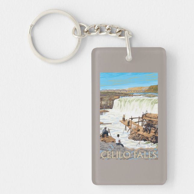 Celilo Falls Fishing Vintage Travel Poster Key Ring (Front)