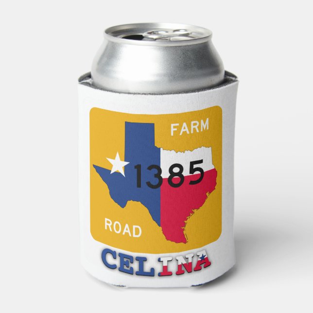 Celina, TX, FM1385 Rd & Texas Longhorn Can Cooler (Can Front)