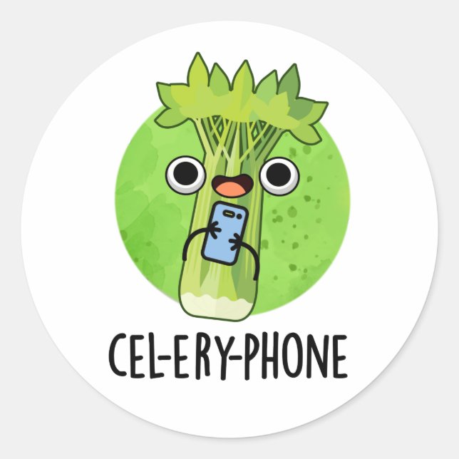 Cell-ery Phone Funny Celery Veggie Pun  Classic Round Sticker (Front)