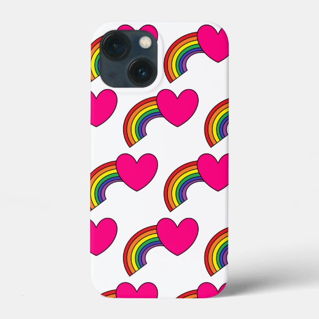 Cell Phone Case With Rainbows and Hot Pink Hearts (Back)