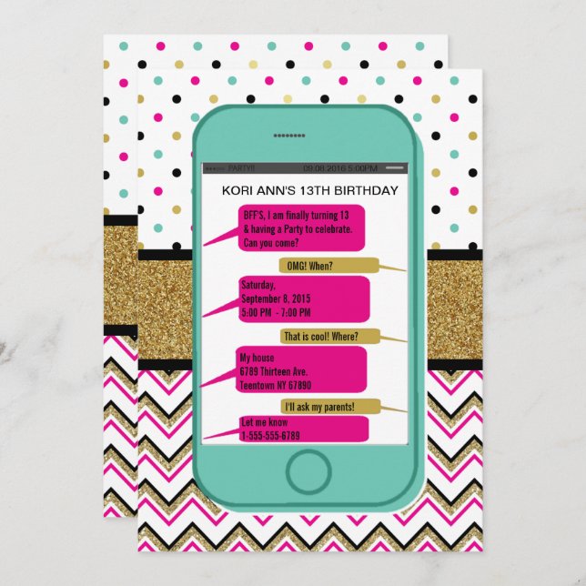 Cell Phone Texting  Invitation - Teen Birthday (Front/Back)