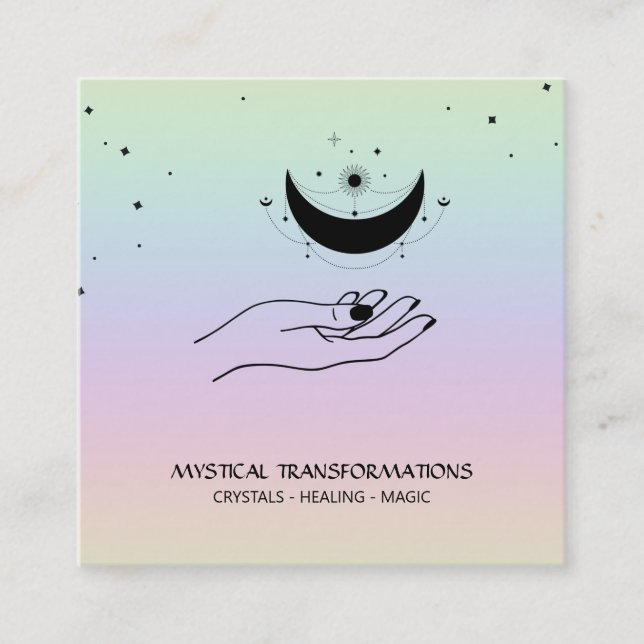 *~* Cellestial  Hand Luna  Moon Magic Boho Rainbow Square Business Card (Front)