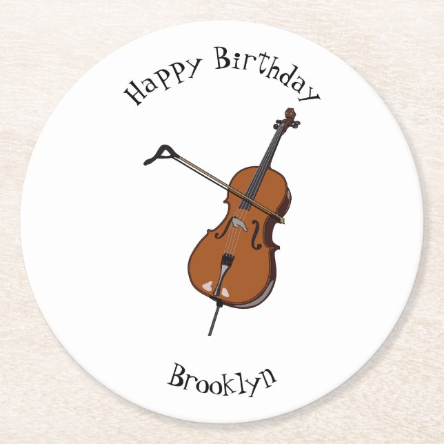 Cello cartoon illustration  round paper coaster (Front)