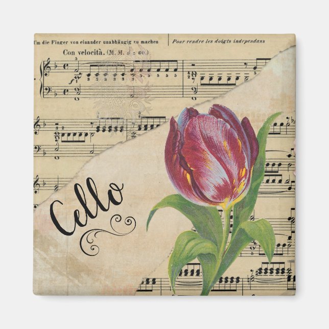 Cello Elegant Tulip Vintage Sheet Music Magnet (Front)