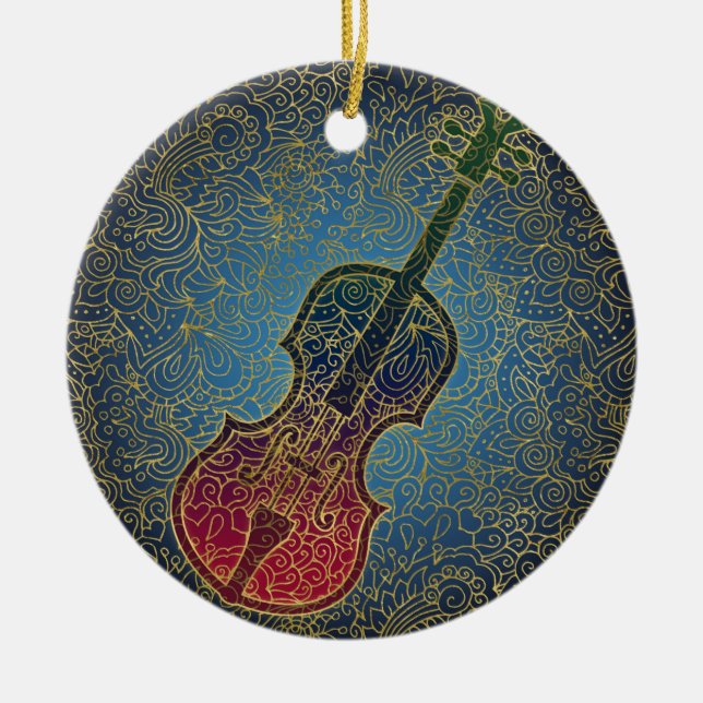 Cello Gold Filigree - Colourful Music Ceramic Ornament (Front)