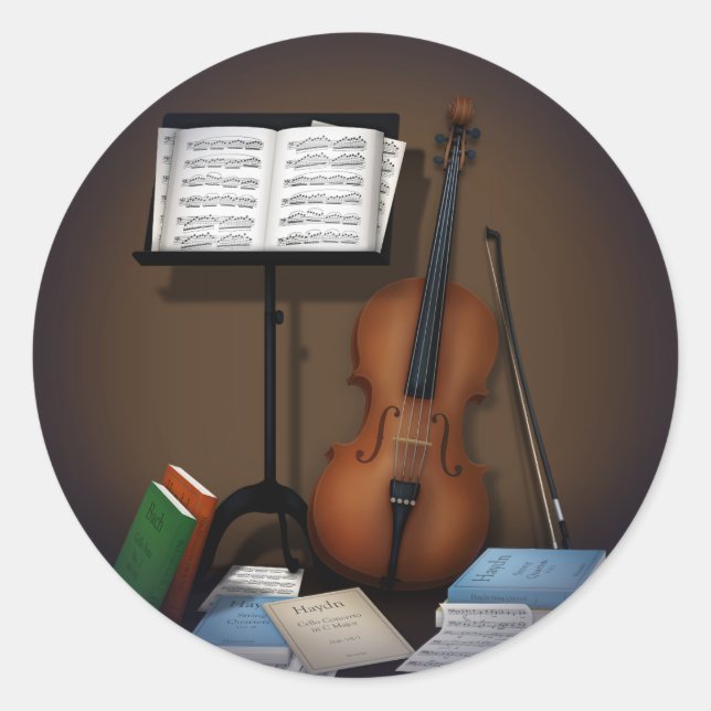 Cello & Music Stand Charming Miniature Scene Classic Round Sticker (Front)
