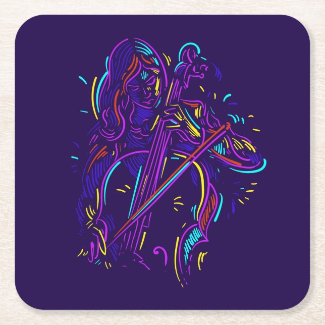 Cello Player Abstract Neon Drawing Square Paper Coaster (Front)