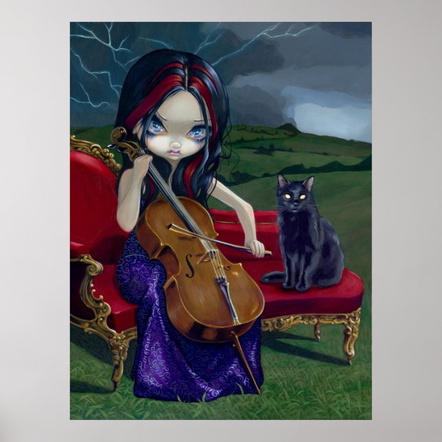Cello Storm Art Print black cat gothic music (Front)