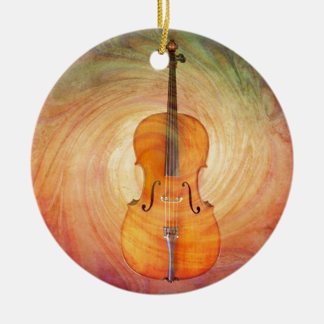 Cello with warm colourful textured background. ceramic tree decoration (Front)