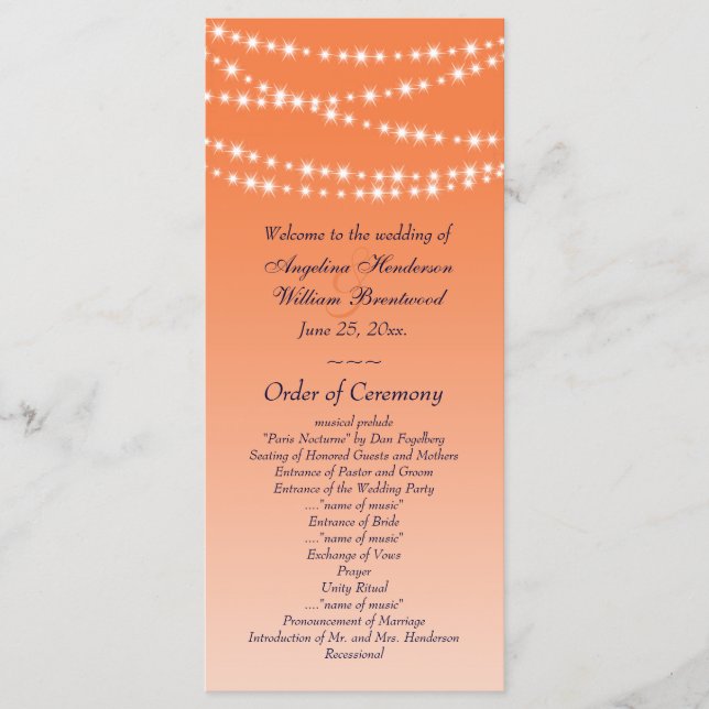 Celosia Orange Twinkle Lights Wedding Program (Front)