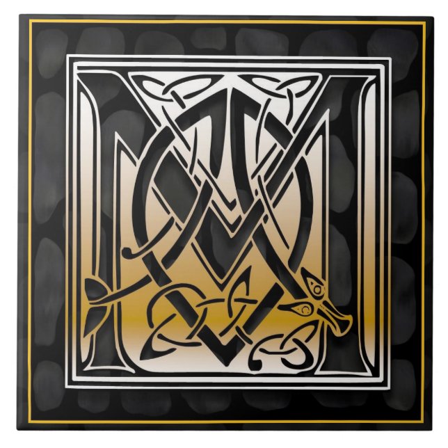 Celtic Black Stone M Monogram Initial Tile (Front)