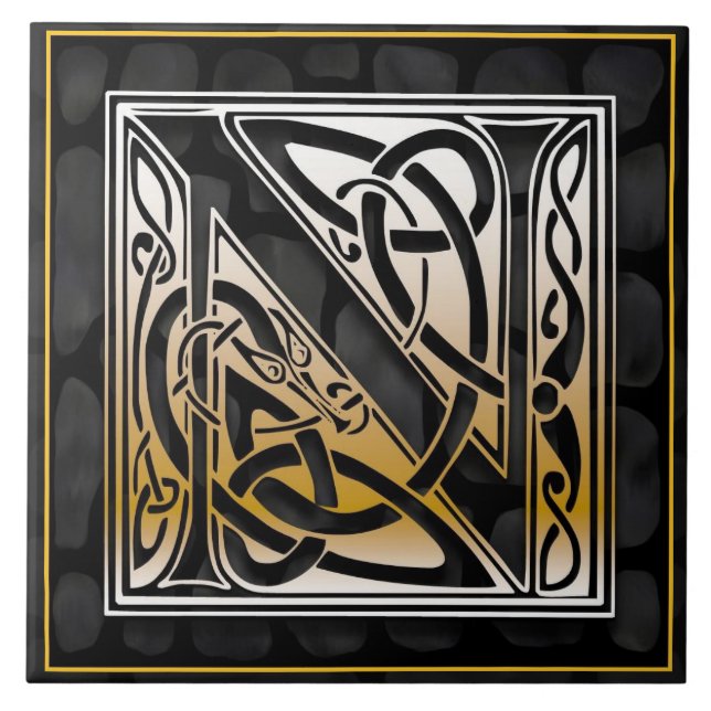 Celtic Black Stone N Monogram Initial Tile (Front)