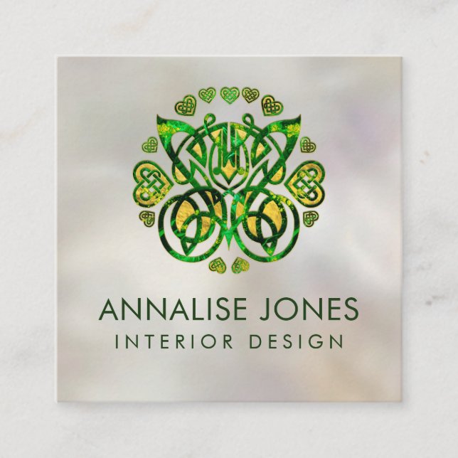 Celtic Butterfly Ornament - Green and gold Square Business Card (Front)