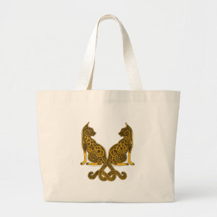 celtic cats 6 bronze gold large tote bag