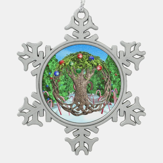 Celtic Christmas Tree Snowflake Pewter Christmas Ornament (Front)
