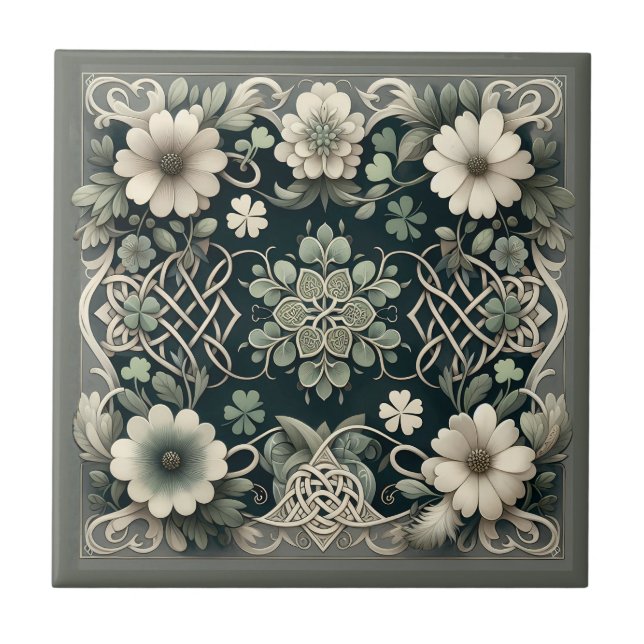 Celtic Clover Floral Charm Ceramic Tile (Front)
