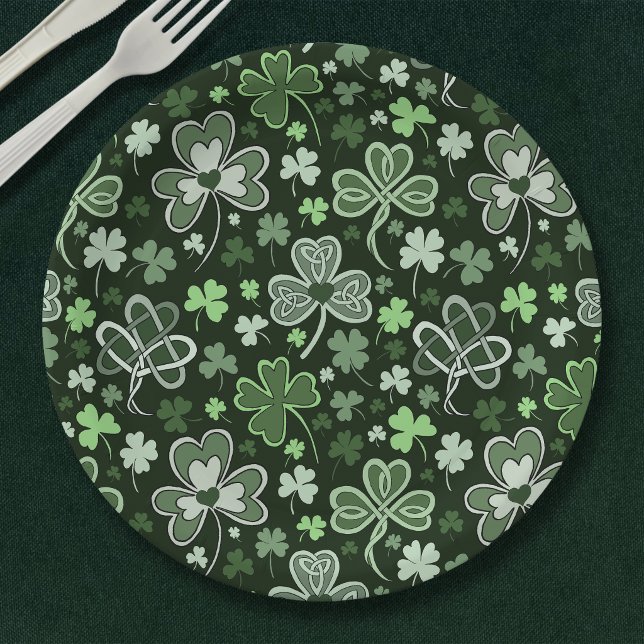 Celtic Clover Pattern Green Irish Hearts Paper Plate (Creator Uploaded)