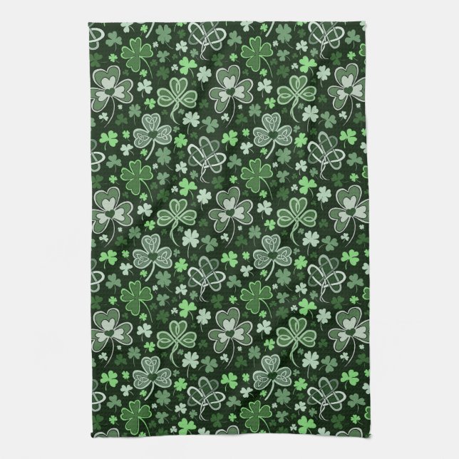 Celtic Clover Pattern Green Irish Hearts Tea Towel (Vertical)