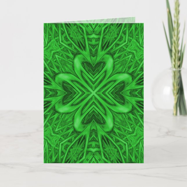 Celtic Clover Vintage Green Fractal Kaleidoscope Card (Front)
