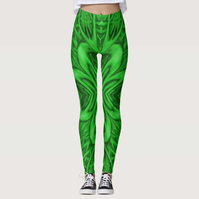 Celtic Clover Vintage Green Fractal Kaleidoscope Leggings (Front)