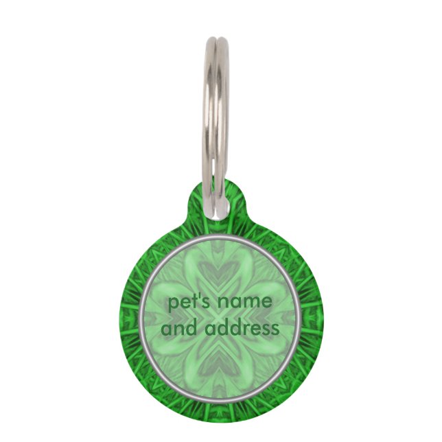 Celtic Clover Vintage Green Fractal Kaleidoscope Pet Tag (Back)