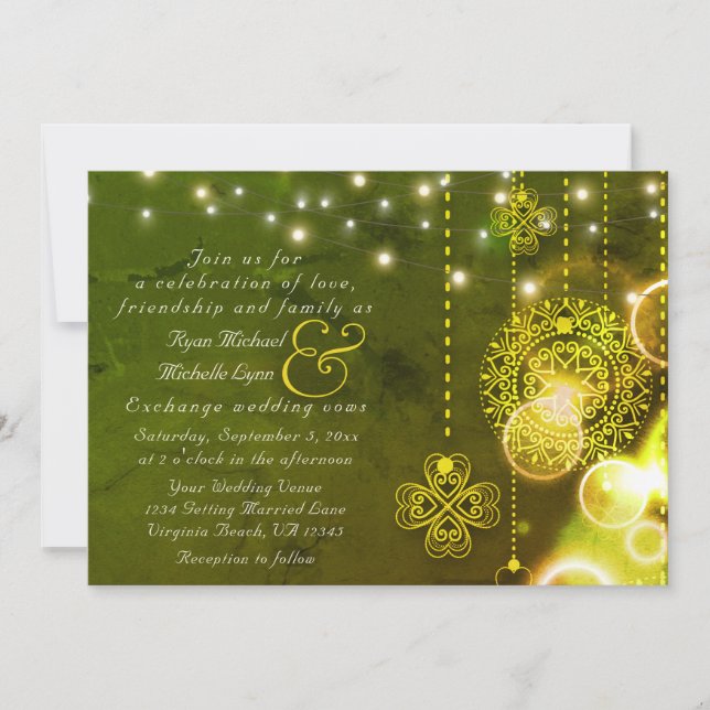 Celtic Clovers and String Lights Wedding Invitation (Front)