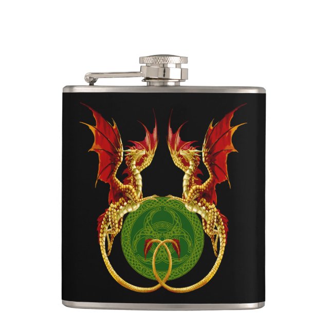 Celtic Crescent Moon And Dragons Hip Flask (Front)