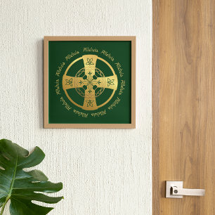 Celtic Cross Alleluia Gold on Green Print