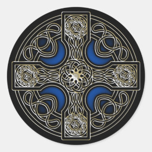 Celtic cross blue colour classic round sticker