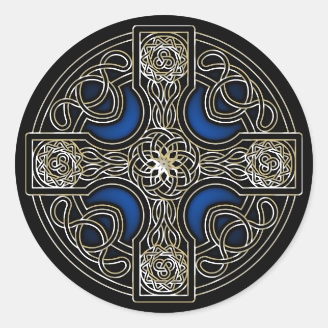 Celtic cross blue colour classic round sticker (Front)