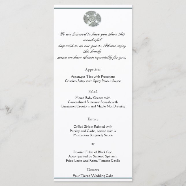 Celtic Cross in Silver and White Wedding Menu (Front)