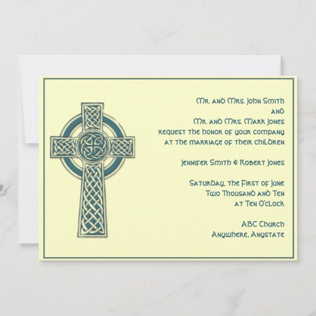 Celtic Cross in Teal Ivory Wedding Invitation (Front)