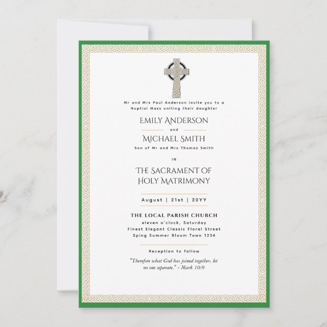 Celtic Cross Irish Catholic Wedding Nuptial Mass Invitation (Front)